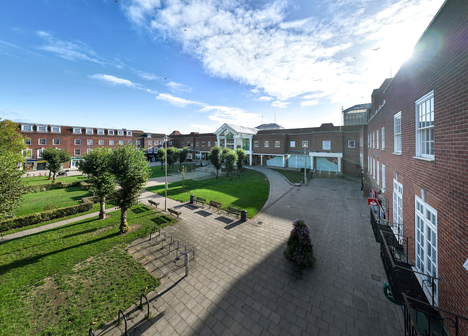 Welwyn Garden town centre drone shot outside Howard Centre showing Howardsgate