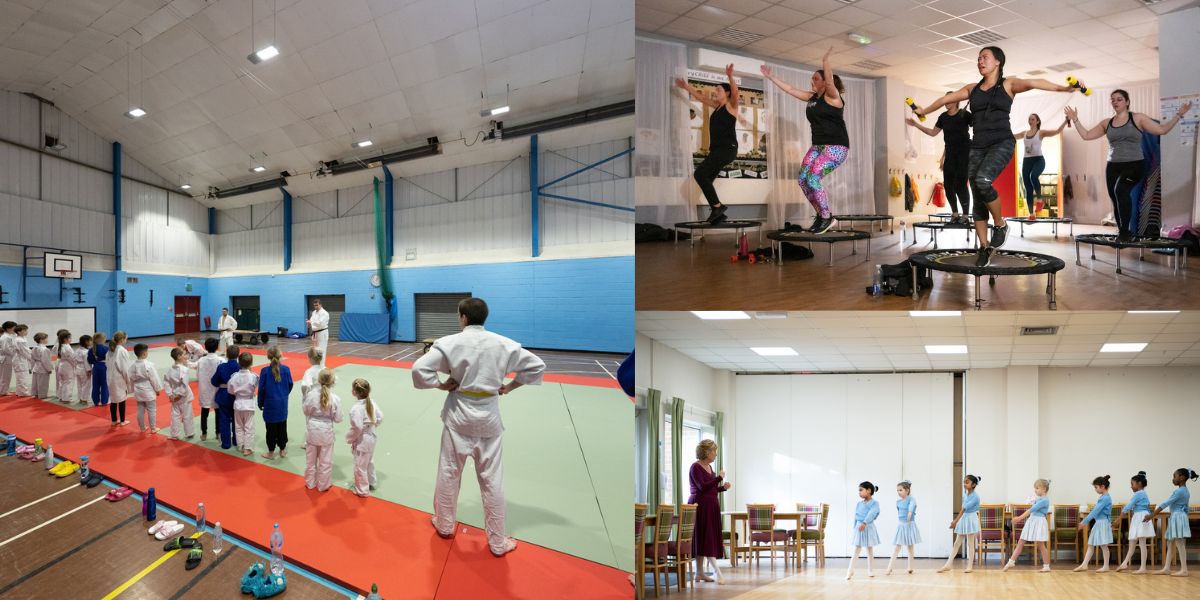 People doing karate in the sports hall, people exercising in the studio, children learning ballet in the dining room.