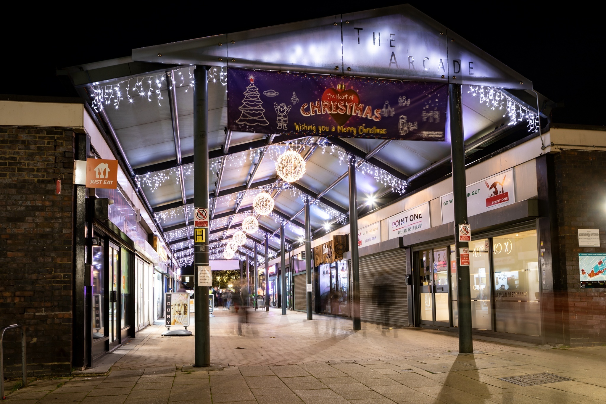 Christmas banner in the Arcade in Hatfield