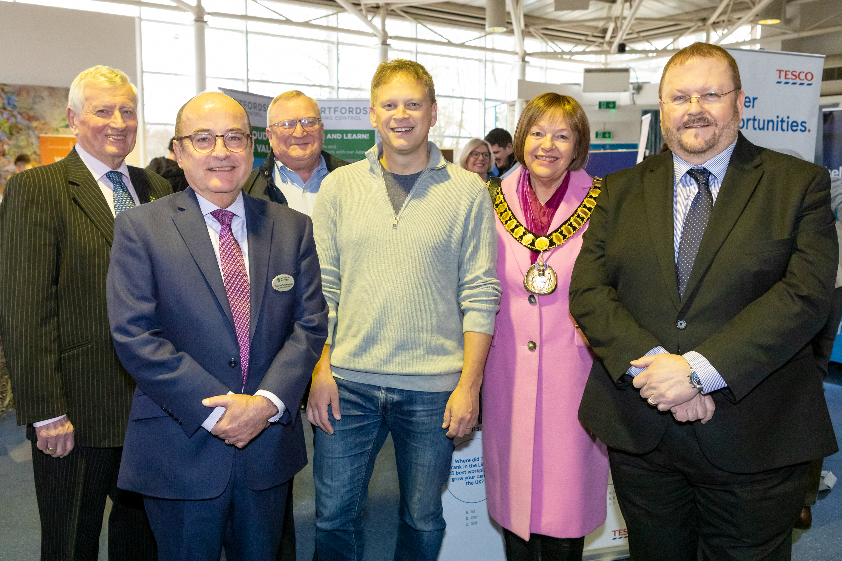 MP Grant Shapps, Leader of the Council, the Mayor and Chair of Herts LEP gather at the careers fair