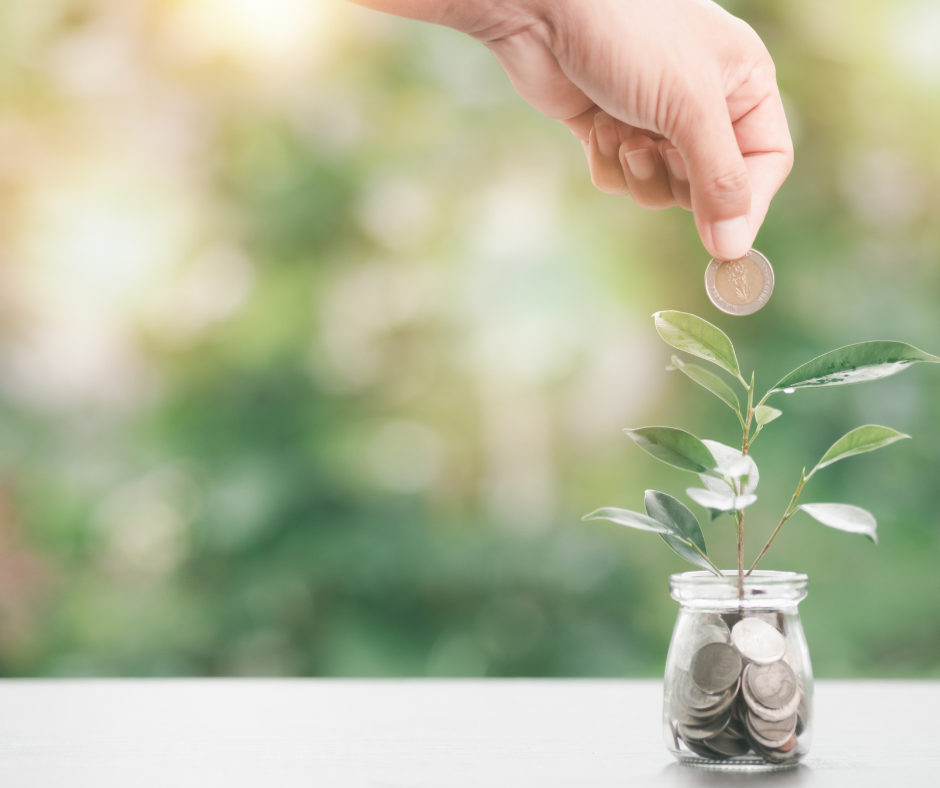 Money in glass jar growing plant