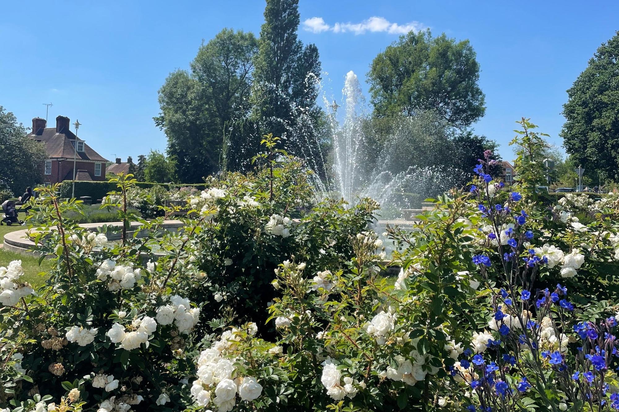 Coronation fountain with flowers in front of it and a blue sky