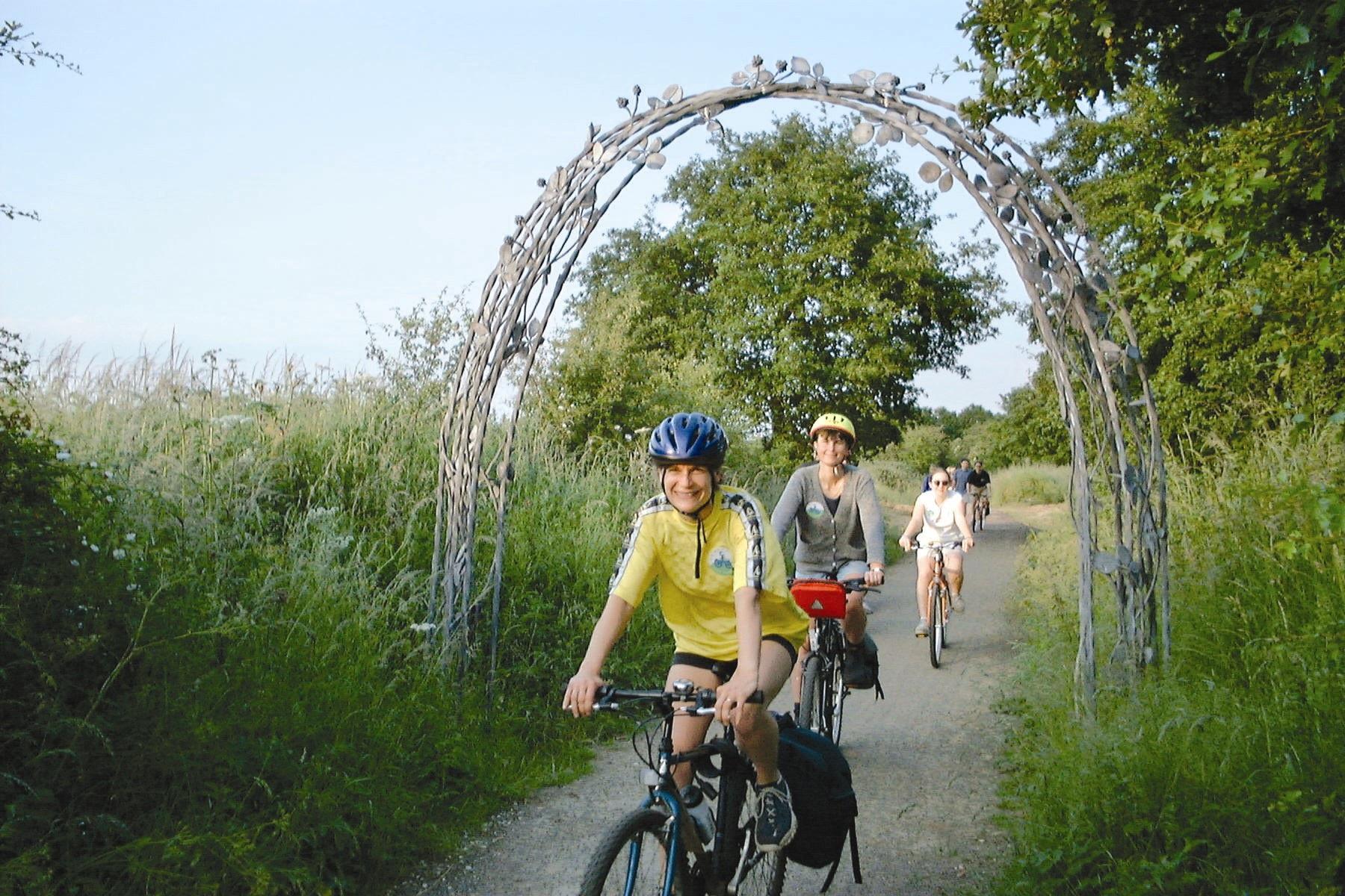people on bikes in a country lane