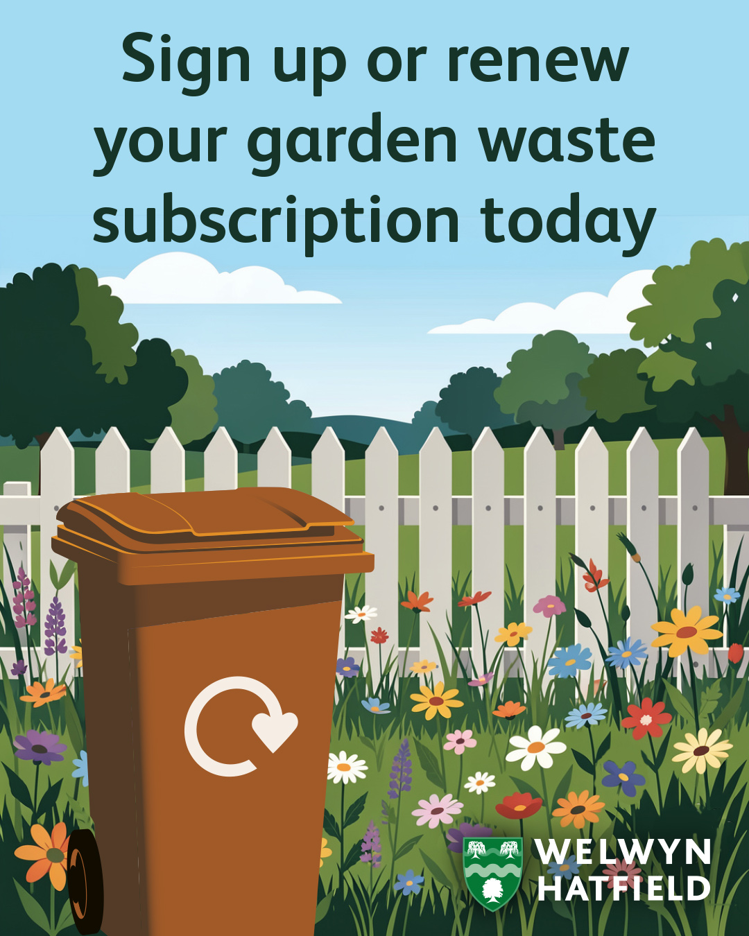 Garden waste bin in a garden
