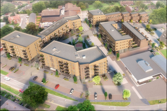 Computer generated ariel view of blocks of flats with parking outside.