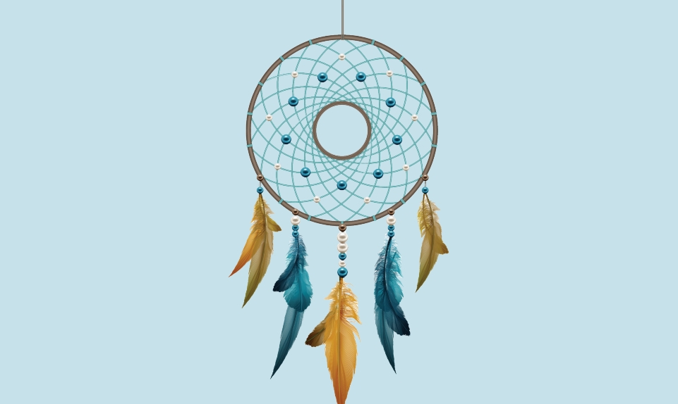 Dreamcatcher displayed in front of a blue background.