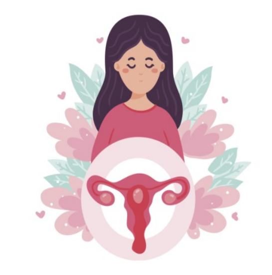 A women with long black hair with a uterus logo
