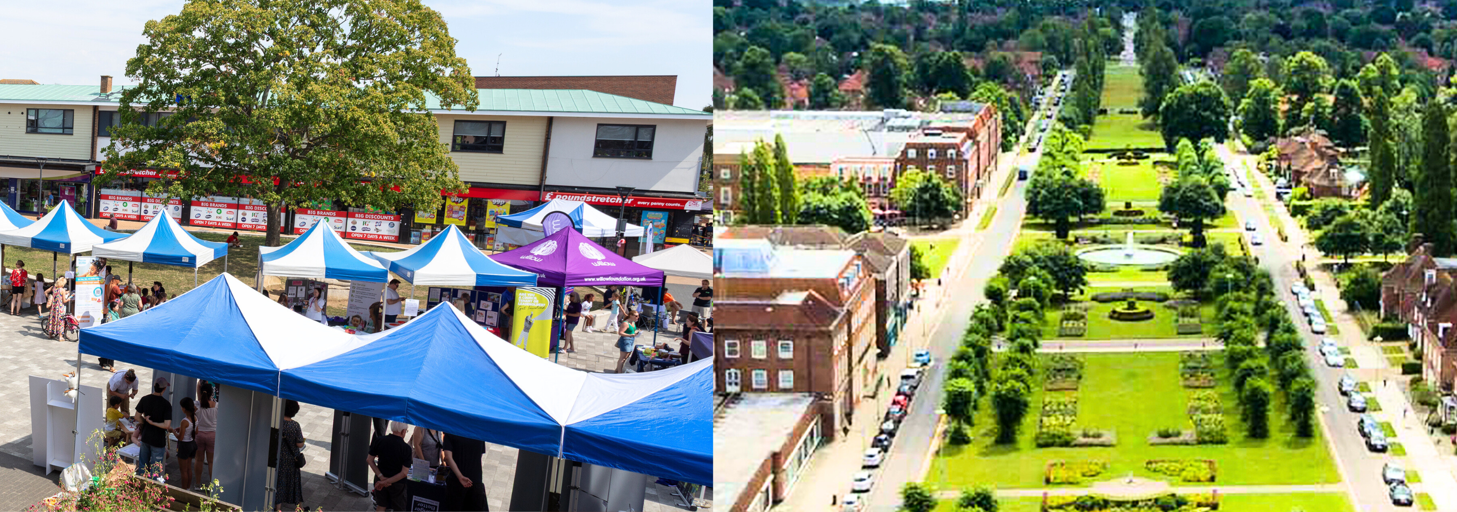 Outdoor market stalls in Hatfield and ariel view of Parkway in Welwyn Garden City.