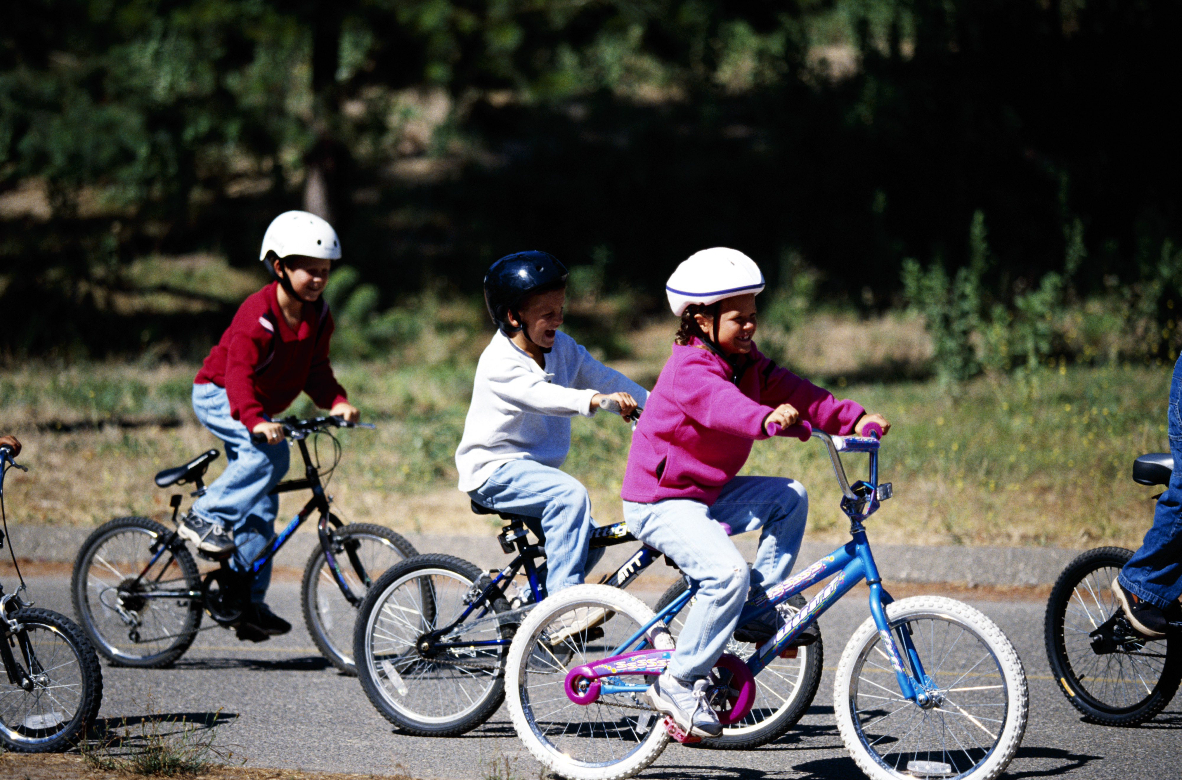 Young children riding bikes in a park