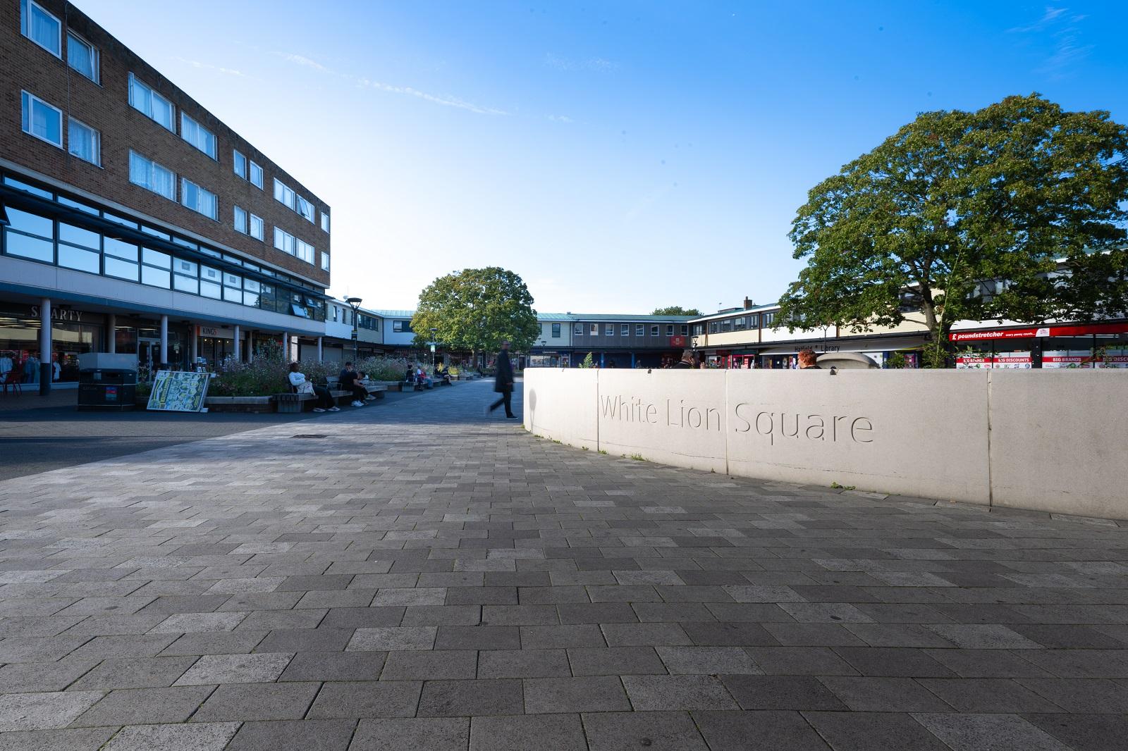 White Lion Square with shops and tree
