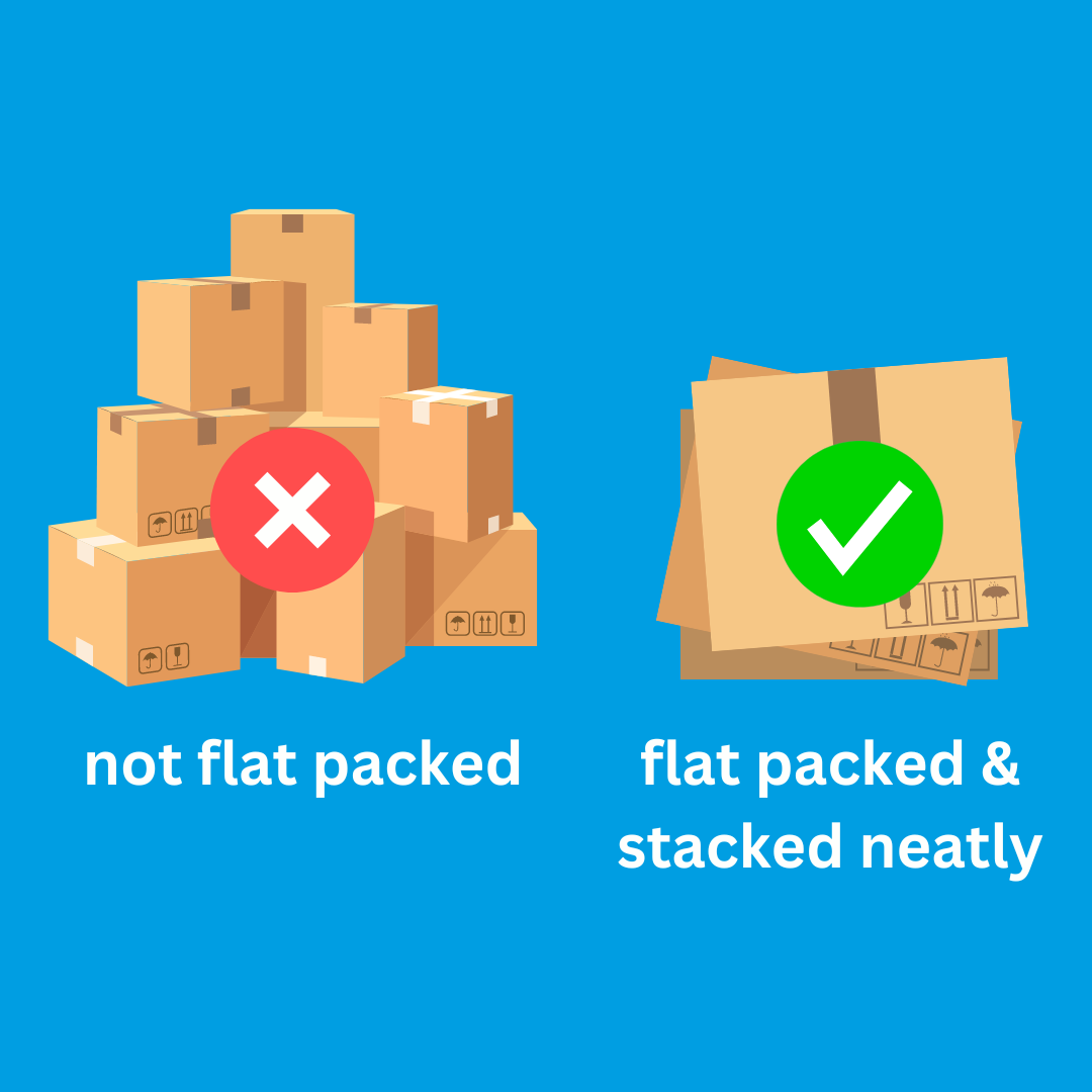boxes of cardboard with a red cross and a neatly stacked pile with a green tick